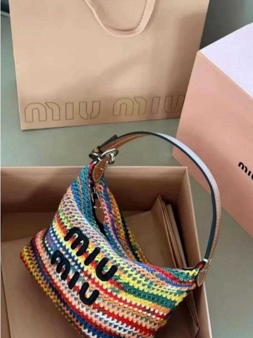 New Miu Miu Bag Multicolor Crochet Stripe Shoulder Bag with Leather Handle